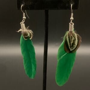 Green Feather Dangle Earrings